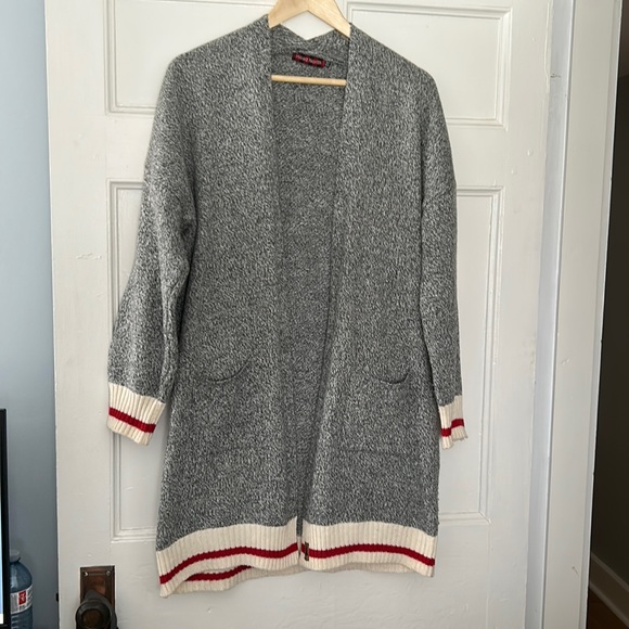 Cardigan tunic, ladies open front, light gray with ivory and red hem /cuffs,L/XL - Picture 1 of 6